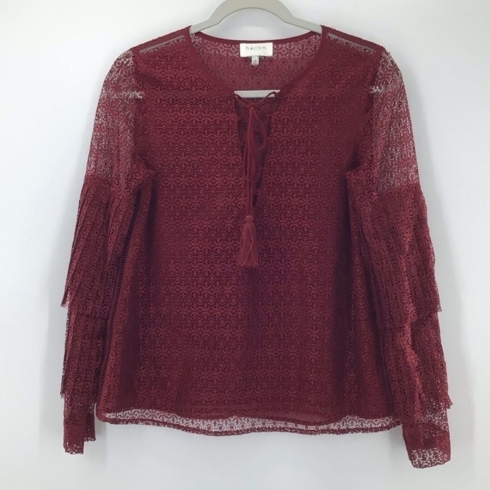 Anthropologie Harlyn Burgundy Lace V-Neck Ruffle Long Sleeve Blouse